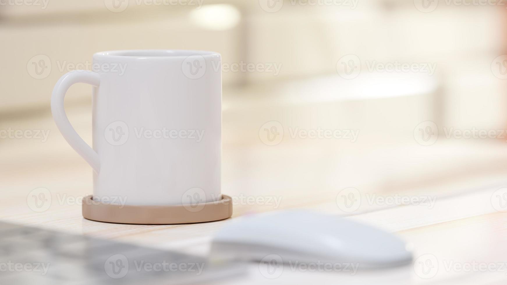 White glass of water mock-up, placed on the desk. Selective focus on glass front and Space for banner and logo. photo