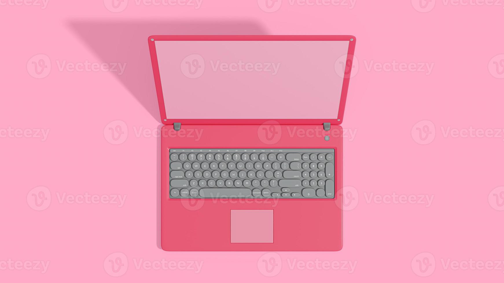 Pink laptop empty display top view. Isolated Mock-up computer. photo