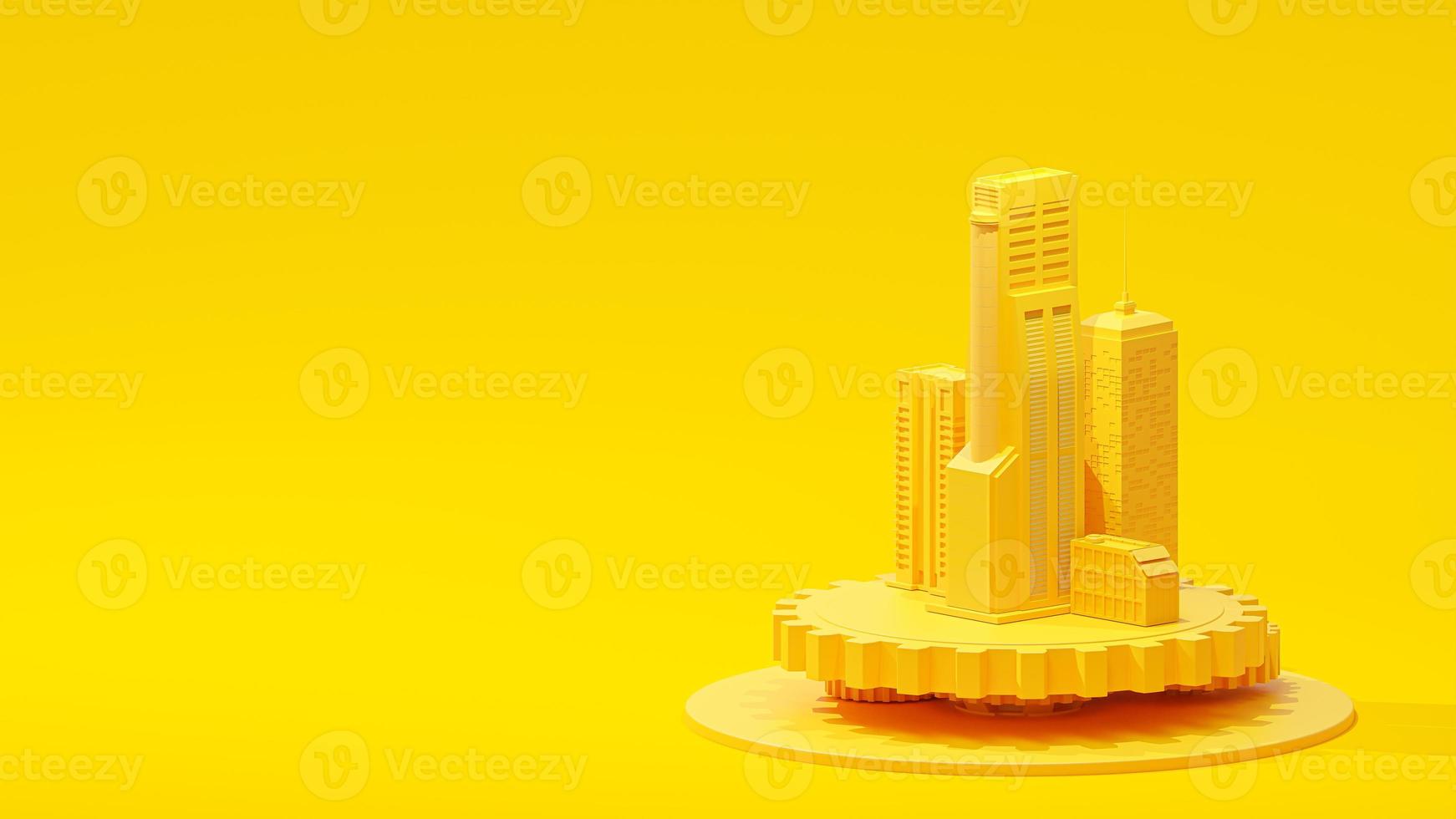 Minimal concept. Building on yellow cog gear on yellow background. community drive concept. photo