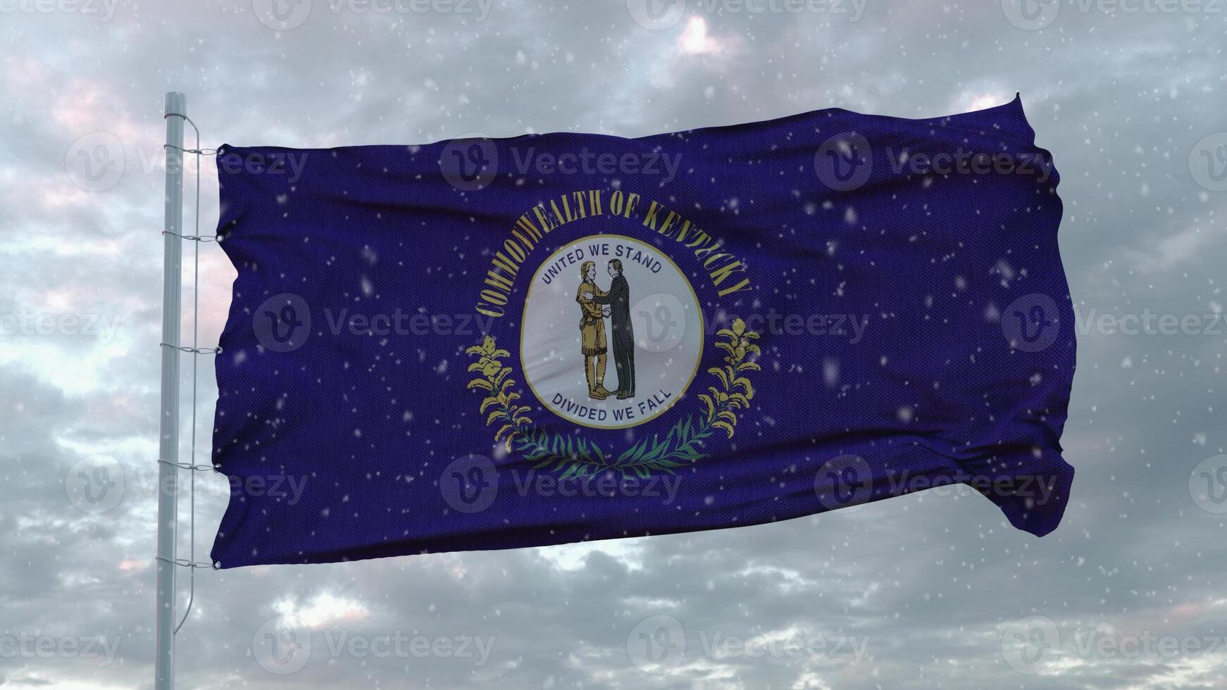 Kentucky winter flag with snowflakes background. United States of America. 3d rendering photo