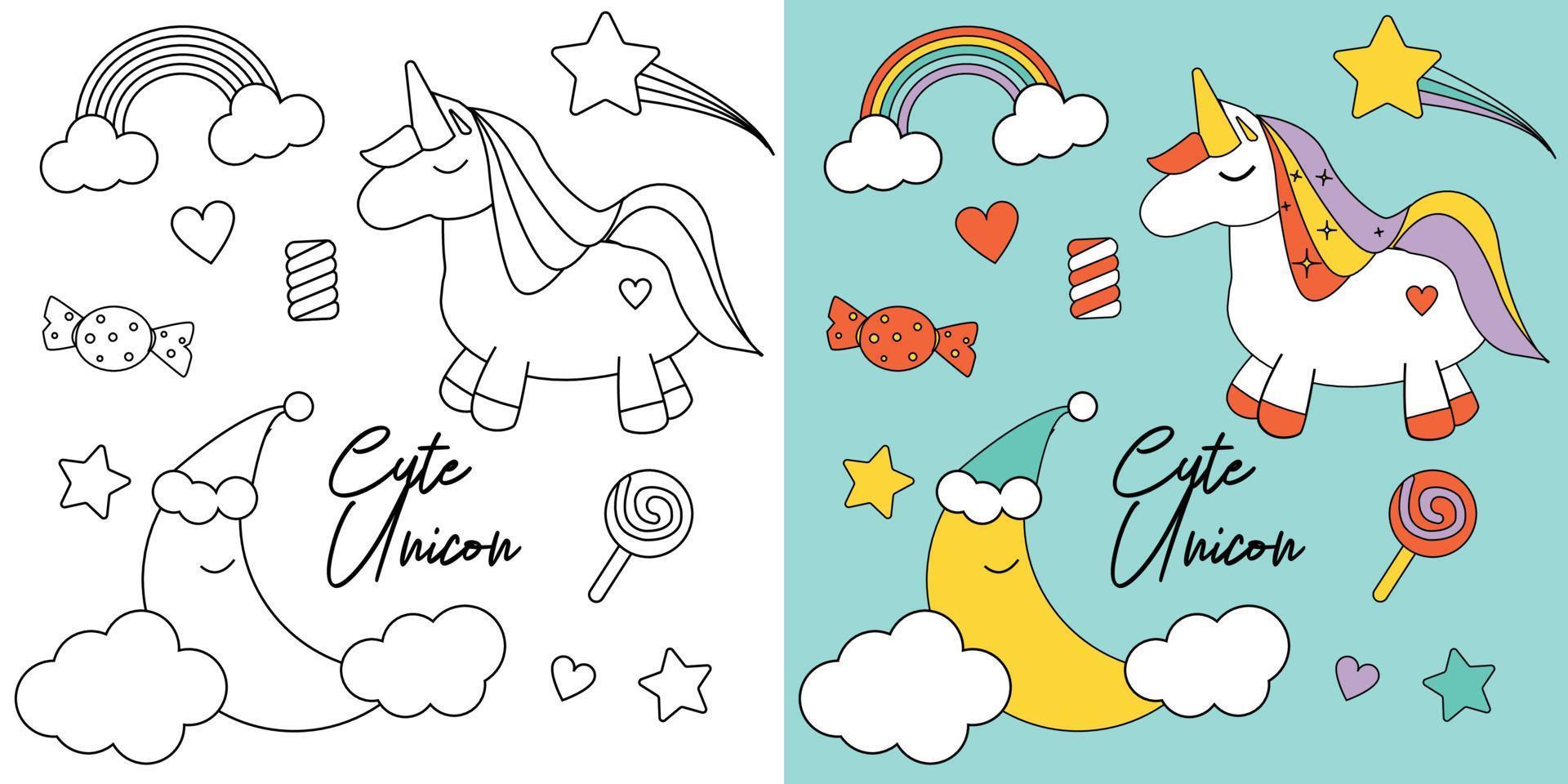 lindo clipart gráfico de unicornio para colorear con estrella y dulces para decoración vector