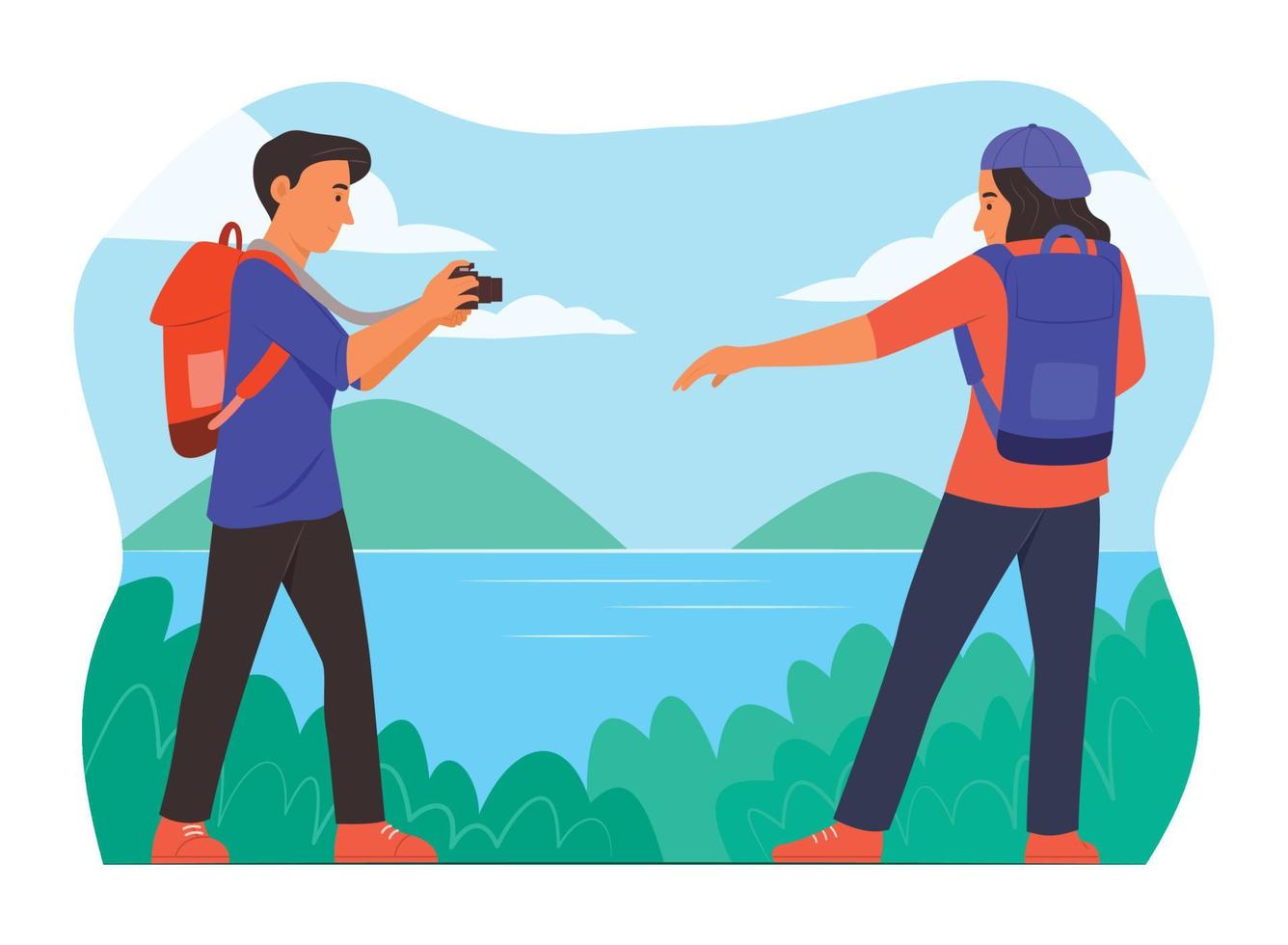 Teenager Travelers Enjoy Taking Photo with Nature. vector