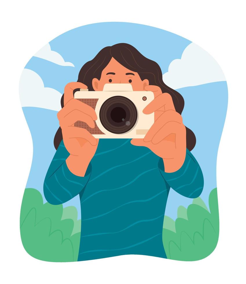 mujer joven concentrada para tomar fotos. vector