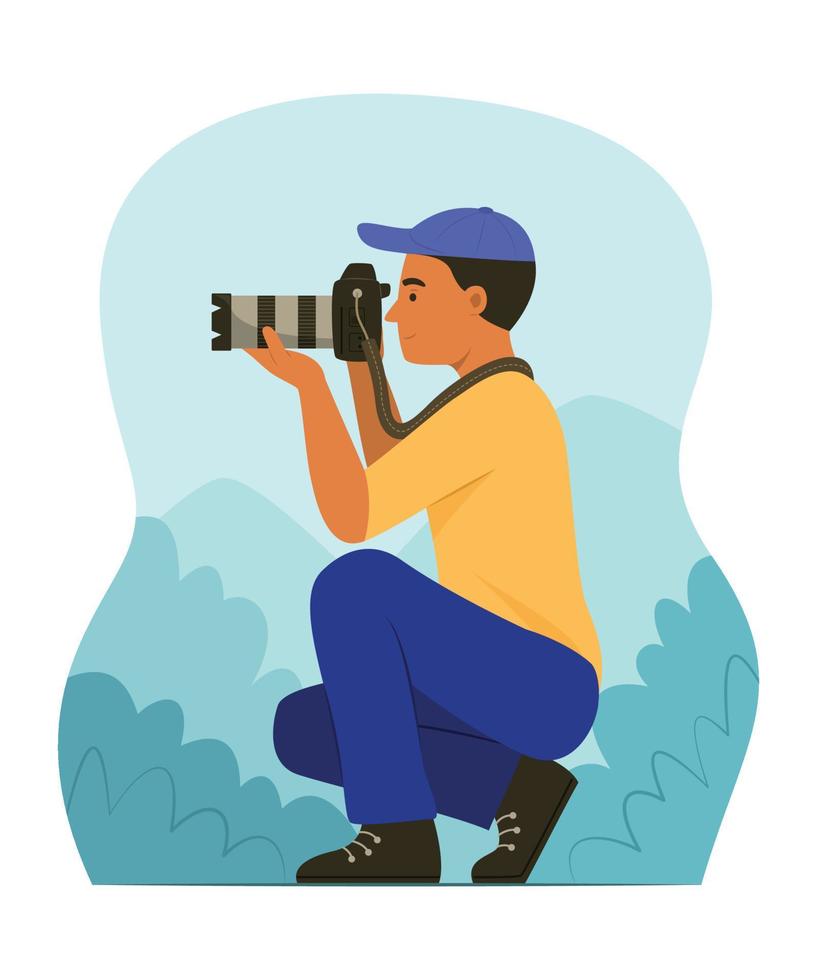 Young Photographer Man Taking Photo of the Nature. vector