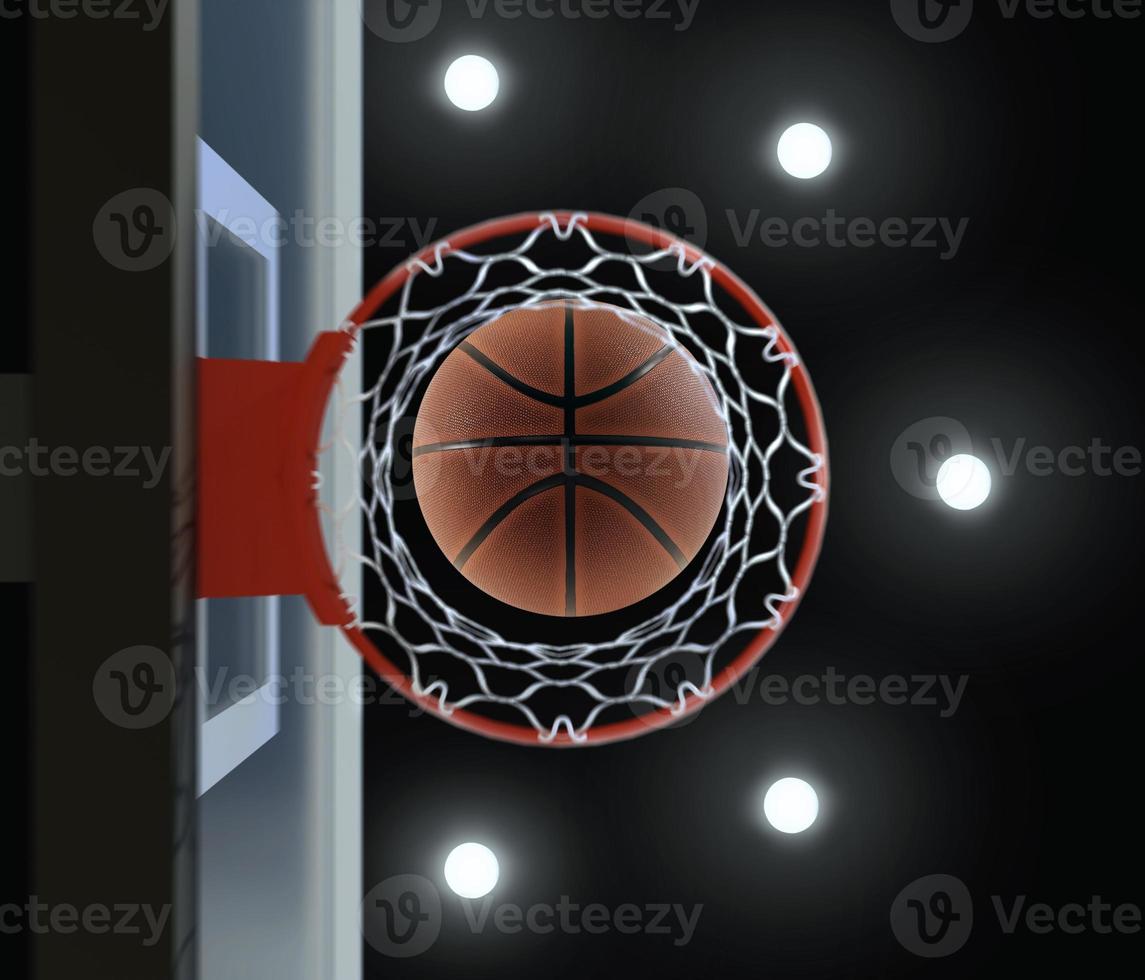 Representación 3d de baloncesto en el aro e iluminación del estadio de dosel foto