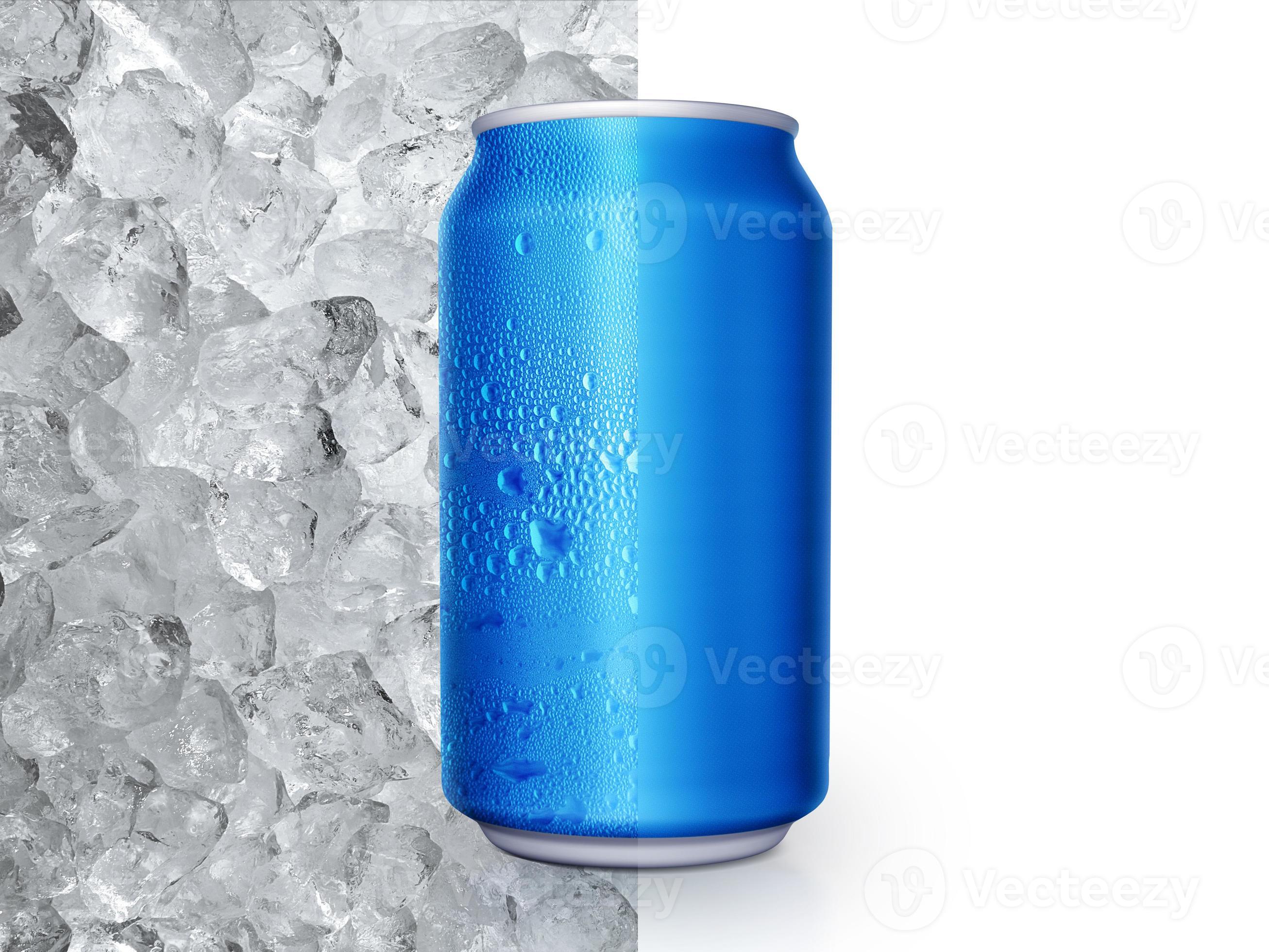 Aluminum can with water droplets on ice cubes background. concept