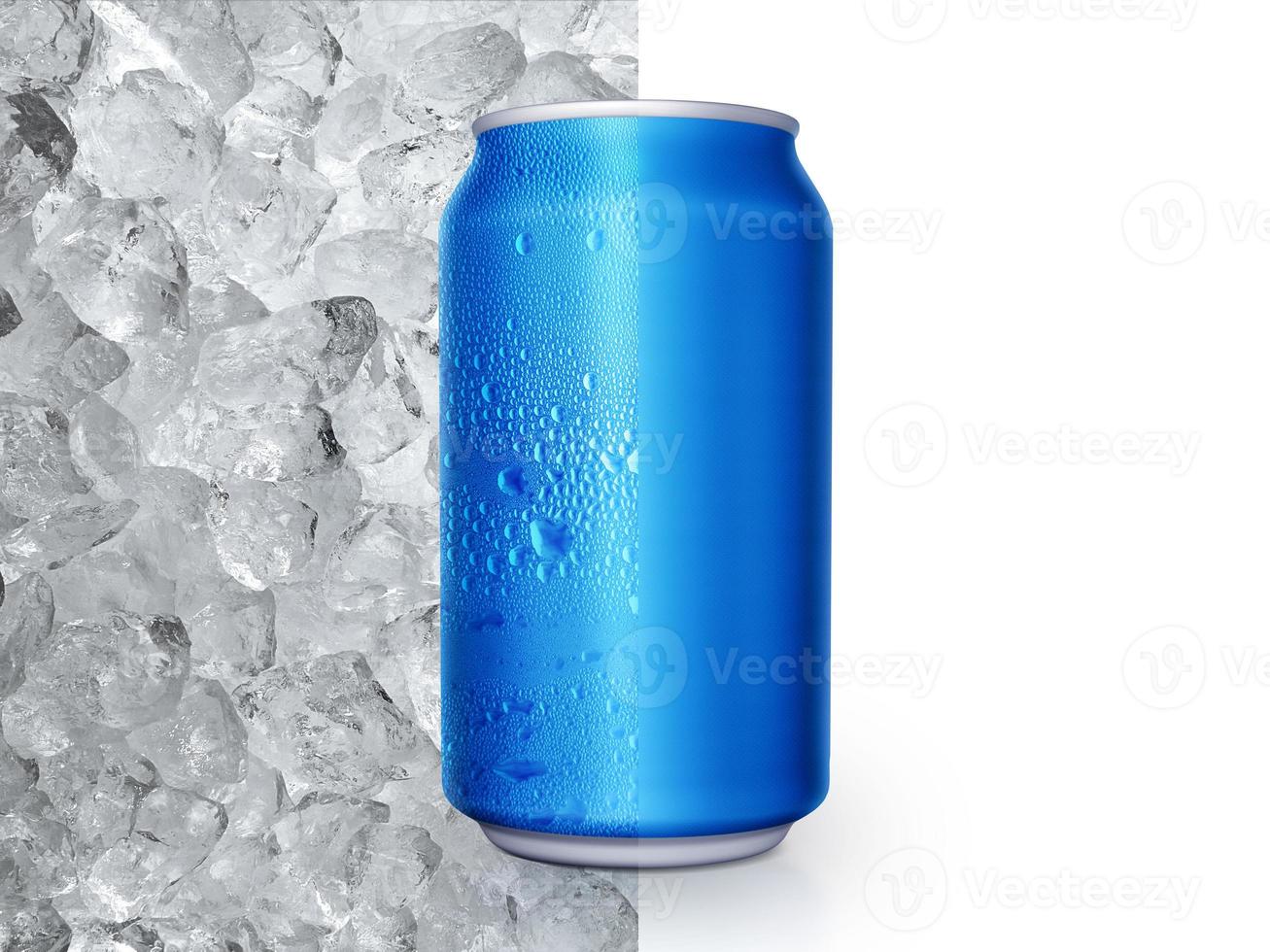 Aluminum can with water droplets on ice cubes background. concept refreshing drink cool down photo