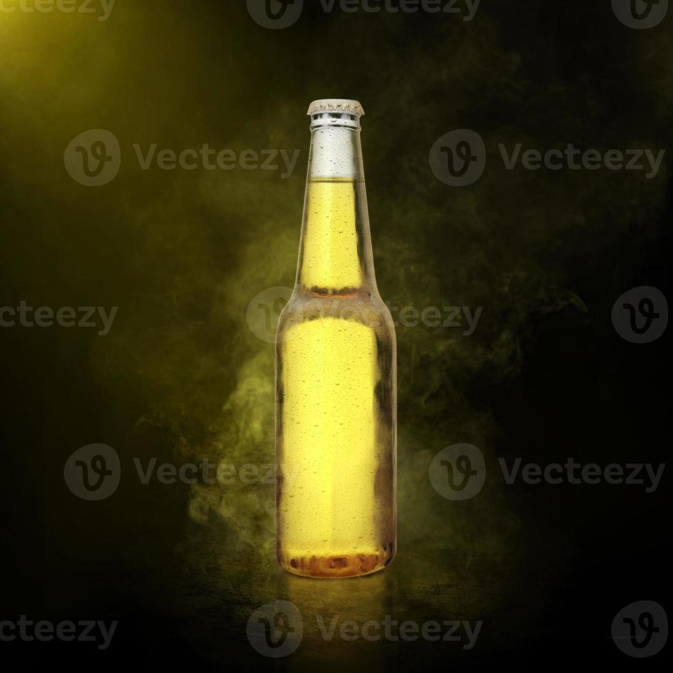 Beer bottle with water drops on the color smoke background. 3d render photo