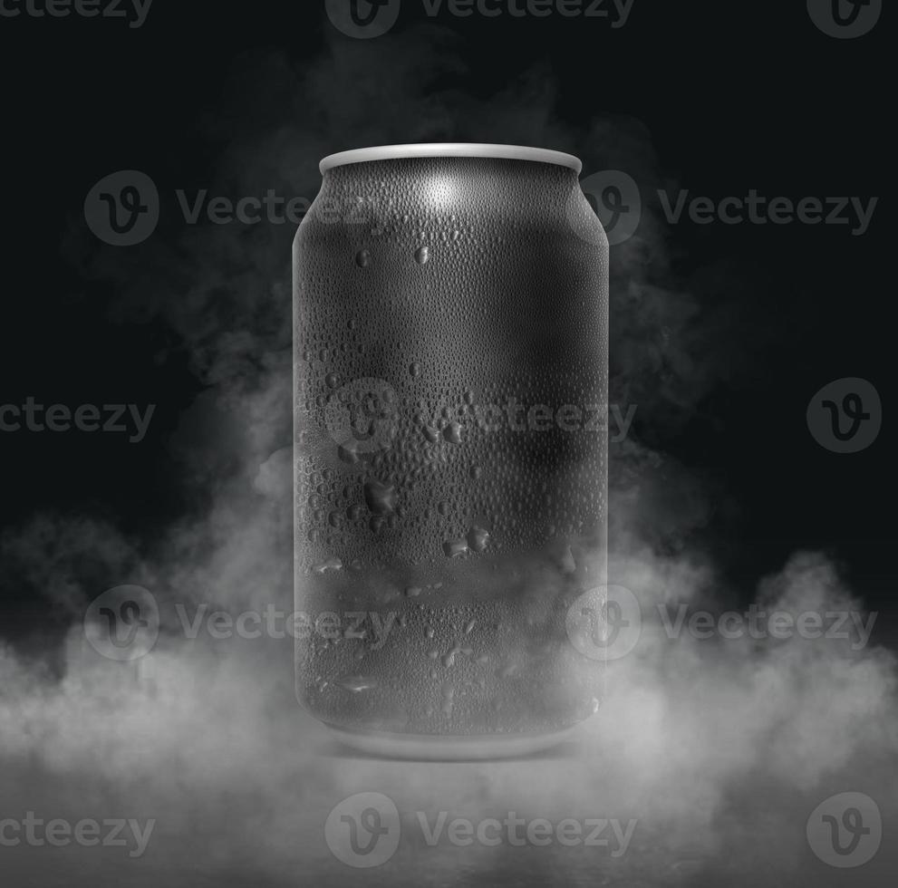 An unbranded freezing cold aluminum tin can with cold vapor an isolated dark studio background. 3D render photo