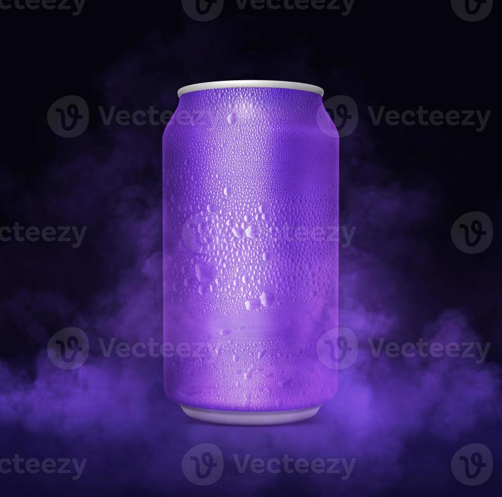 An unbranded freezing cold aluminum tin can with cold vapor an isolated dark studio background. 3D render photo