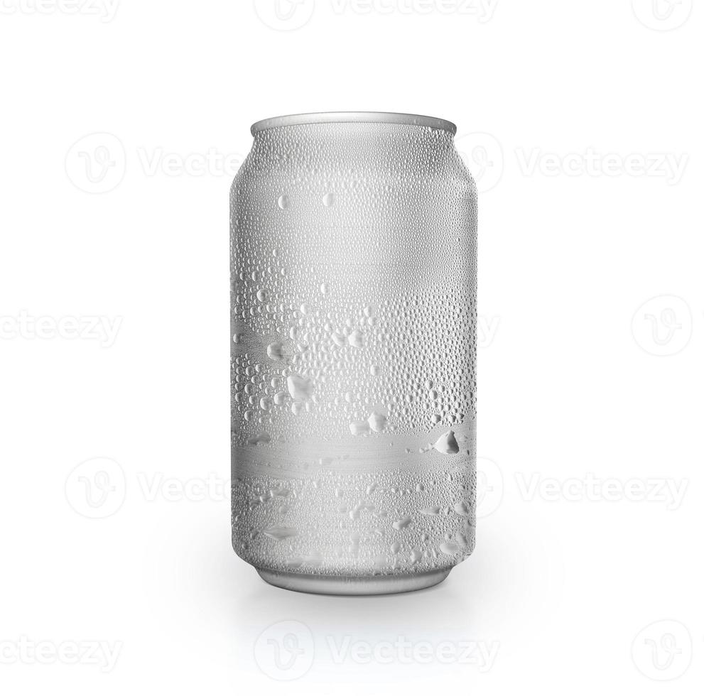 Aluminum can with water droplets isolated on white background photo
