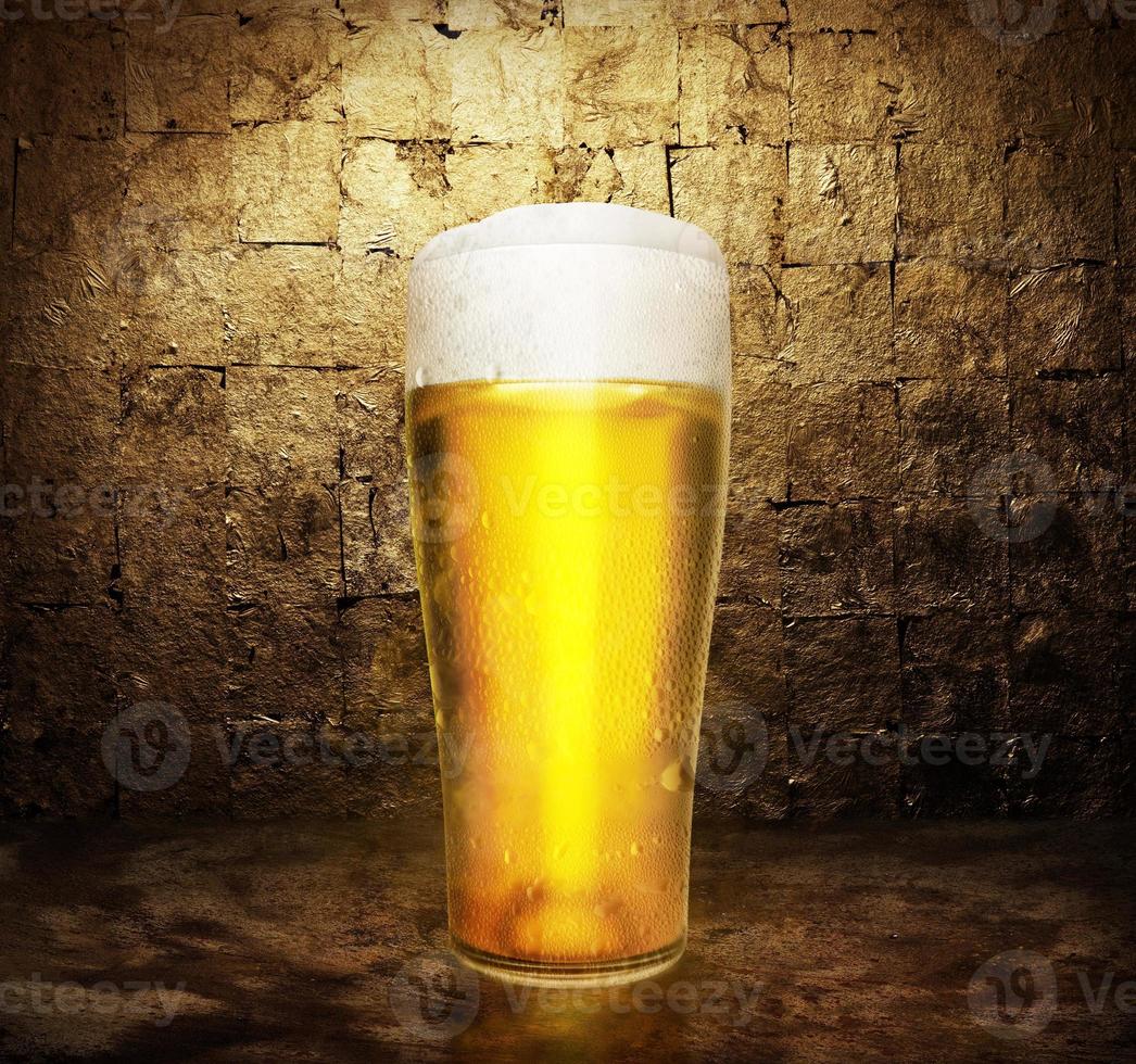 beer glass on dark golden color background. 3d render photo