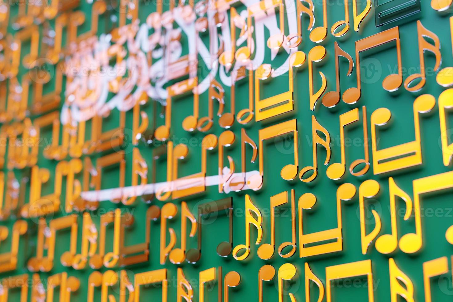 Musical notes lined up in even rows against the backdrop of the National Flag of  Saudi  Arabia . The concept of the national anthem, music. 3D illustration photo