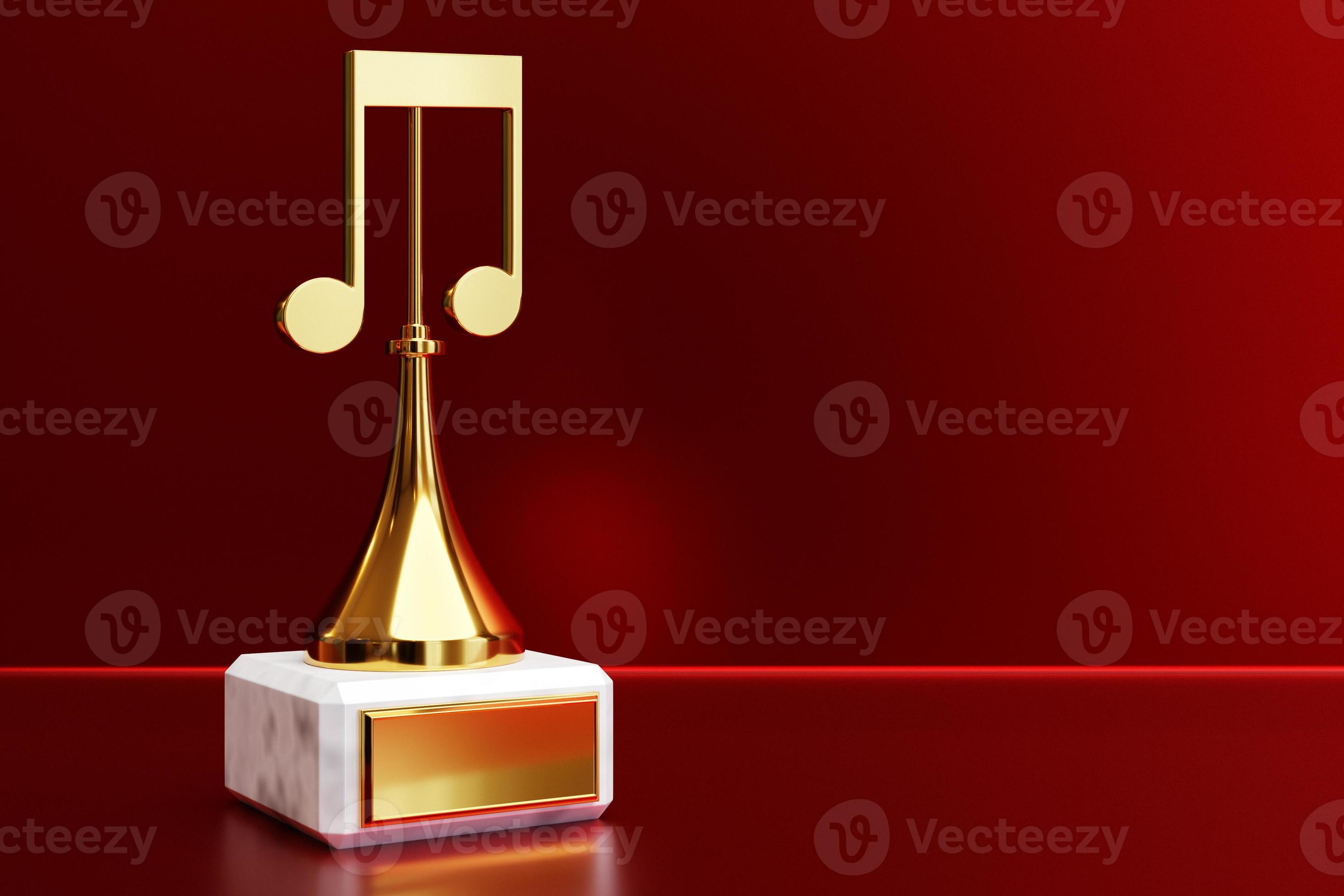 Golden music award with a note on a red background, 3d illustration