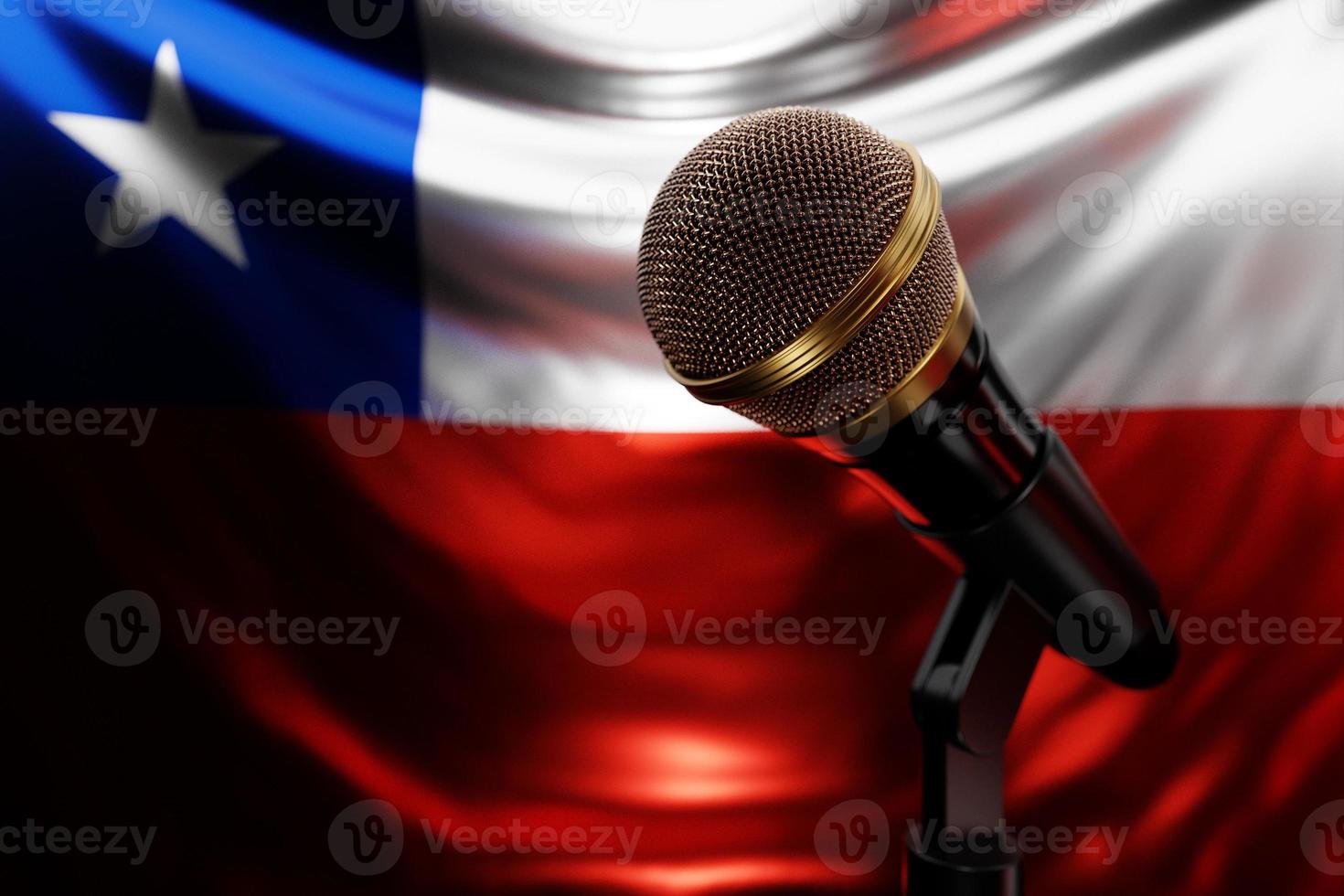 Microphone on the background of the National Flag of Chile, realistic 3d illustration. music award, karaoke, radio and recording studio sound equipment photo