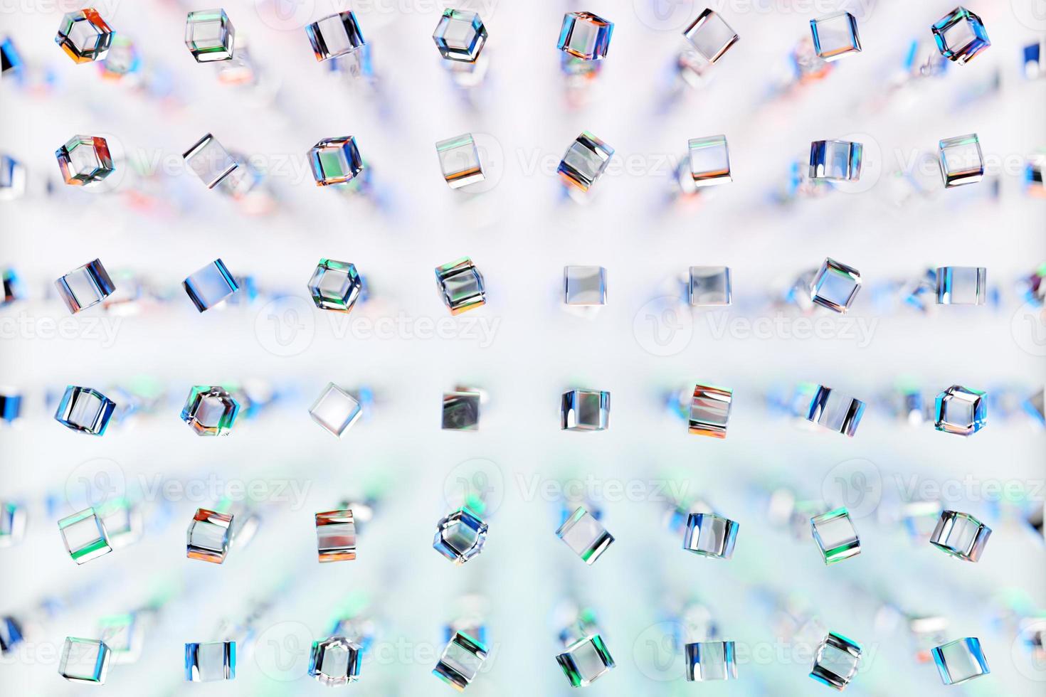 3d illustration of rows of   transparent squares  under white  lights.Set of cubes on monocrome background, pattern. Geometry  background photo
