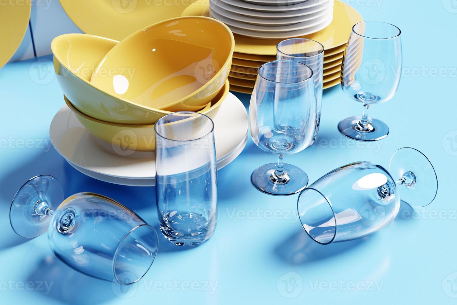 juego de platos limpios, vasos, vasos. ilustración 3d vajilla realista, utensilios de cocina doblados. una pila de platos de cerámica. foto