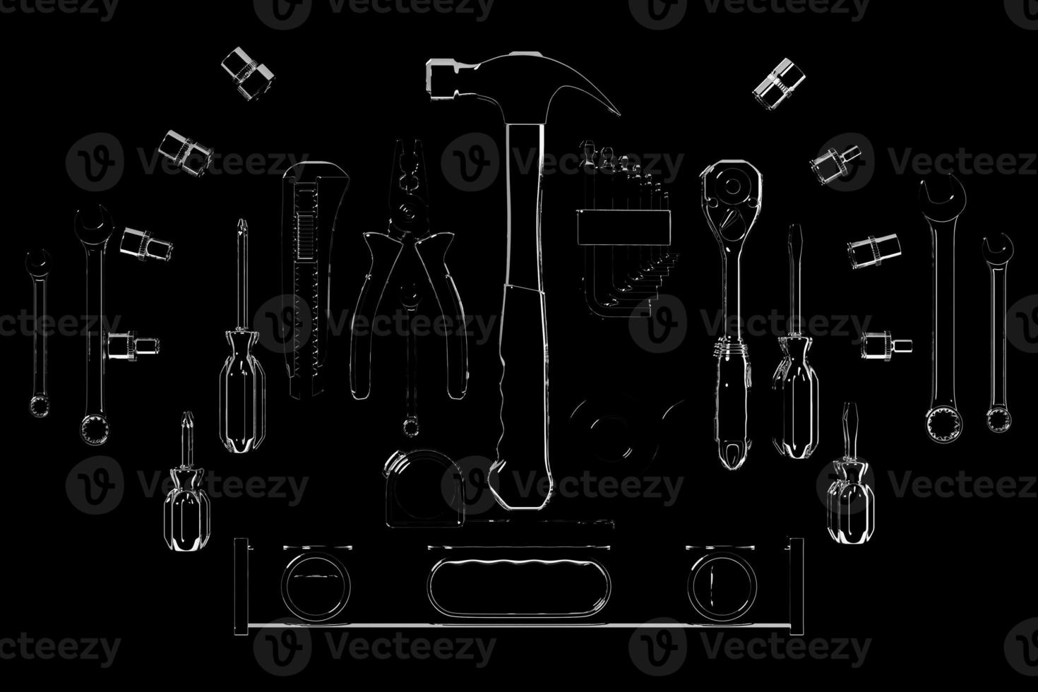 Construction tool shop service concept. Black set of all tools for home repair builder on a monocrome background. 3d illustration photo