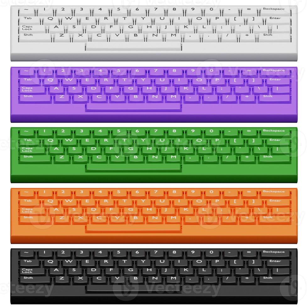 3D illustration, close up of a realistic computer keyboard in five colors white, black, purple, green and orange on a white background. photo
