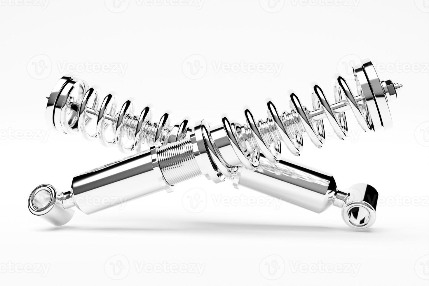 Two silver colorful shock absorber car on white background. 3d illustration. Suspension Parts photo