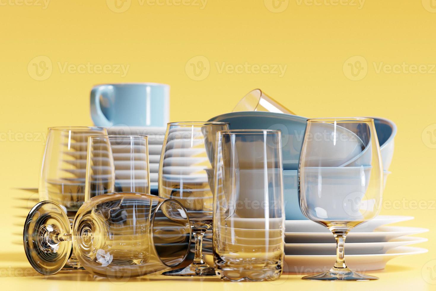 Set of clean plates, glasses, glasses. 3d illustration. Realistic