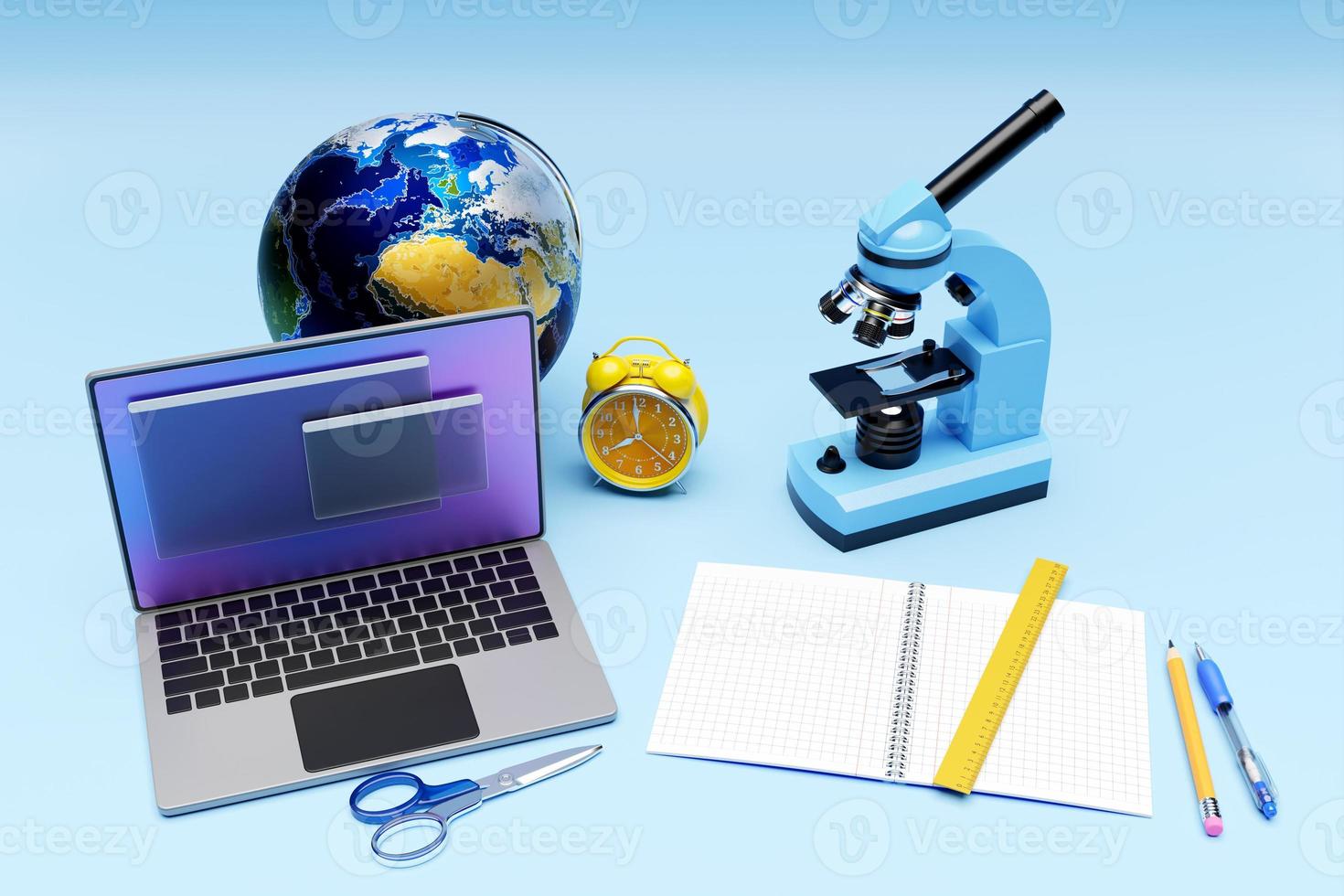 3D illustration of a laptop with an open browser tab on the screen,laboratory microscope and  set of laboratory instruments photo
