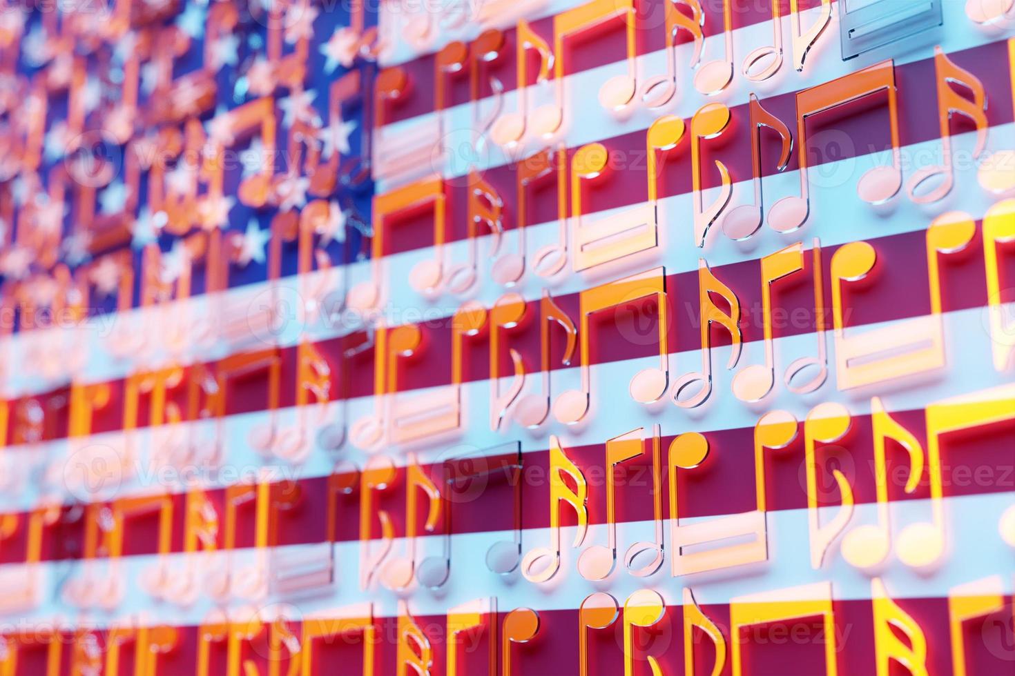 Musical notes lined up in even rows against the backdrop of the National Flag of  USA . The concept of the national anthem, music. 3D illustration photo