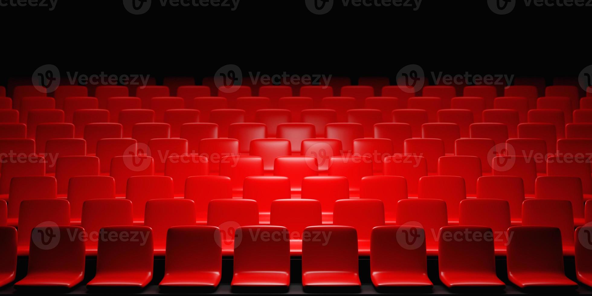 3D render the same rows of red cartoon soft chairs in the theater. Concept of a  beautiful movie theater with  chairs photo