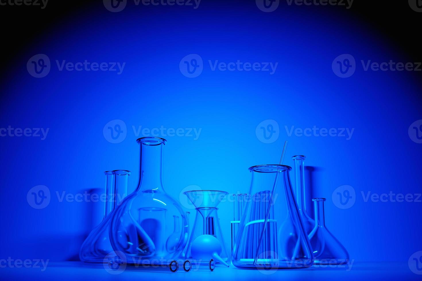 equipo de vidrio de laboratorio de ilustración 3d, tubos de ensayo y matraces sobre fondo azul. cristalería de laboratorio para investigación médica o científica. frascos vacíos, vasos. foto