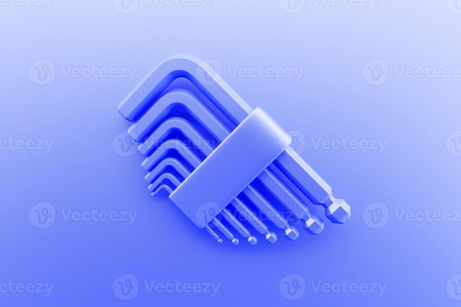 Ilustración 3d de una herramienta de mano llave allen de herramienta azul aislada en un fondo monocromo. renderizado 3D e ilustración de la herramienta de reparación e instalación foto