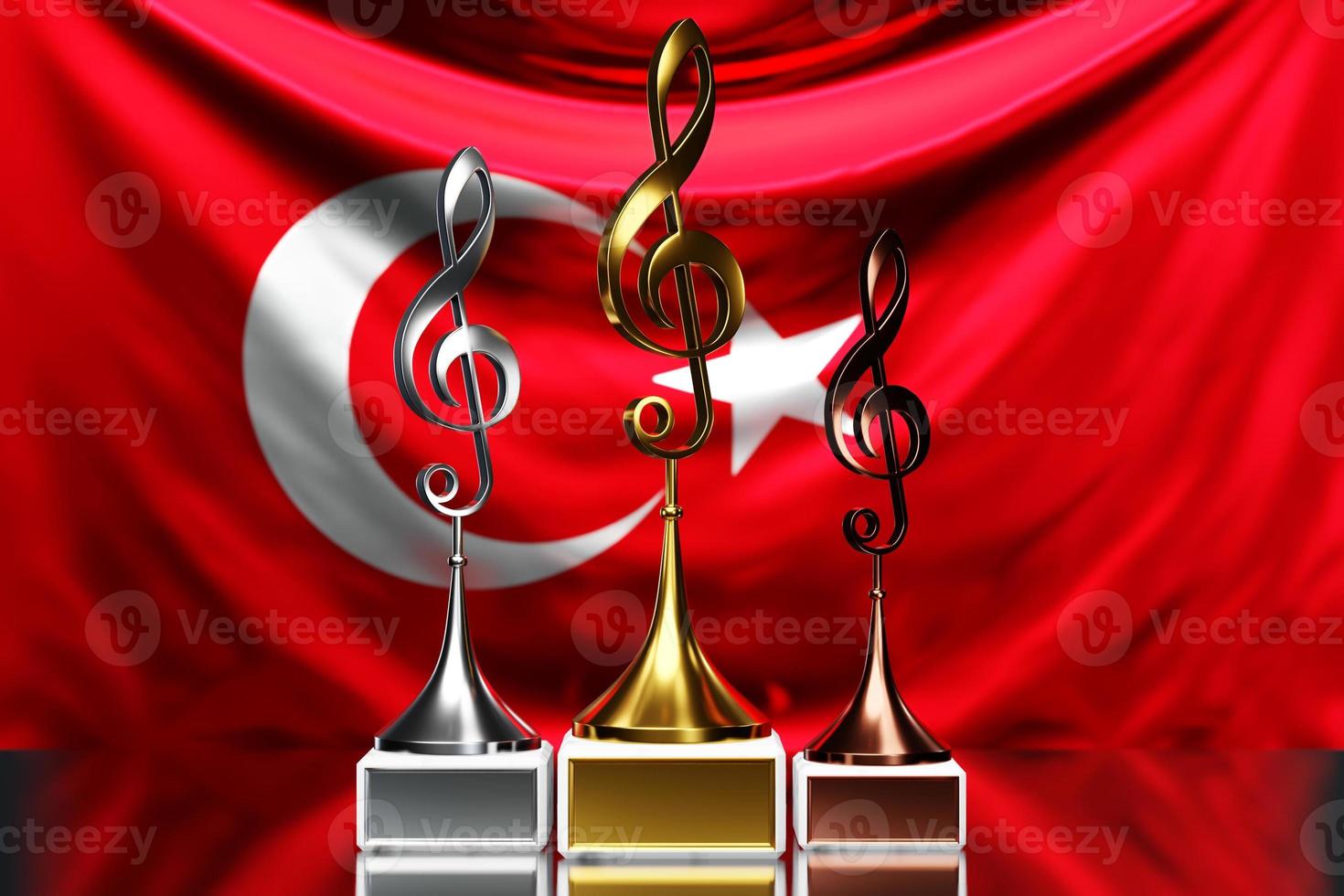 Treble clef awards for winning the music award against the background of the national flag of Turkey, 3d illustration. photo