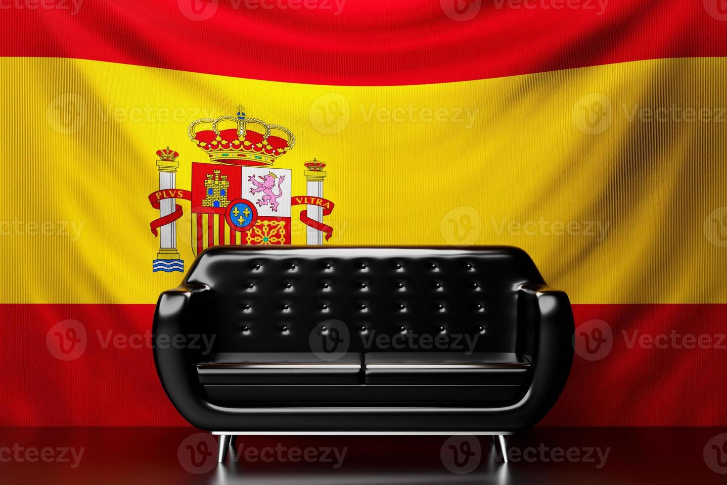 Black leather sofa with the national flag of Spain  in the background. 3D illustration photo