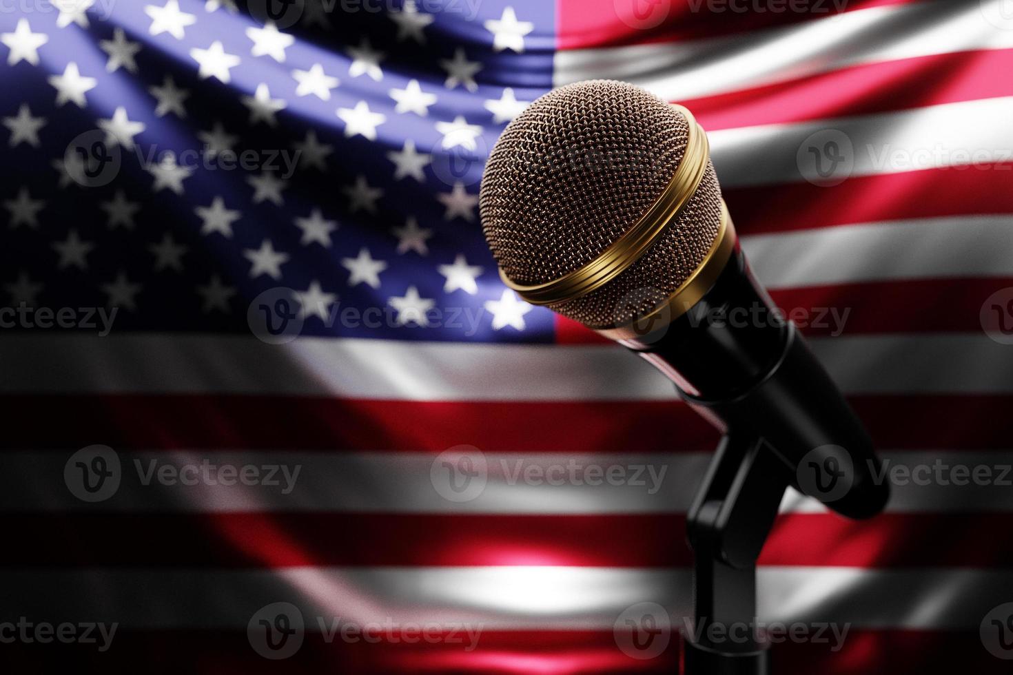 micrófono en el fondo de la bandera nacional de américa, ilustración 3d realista. premio de música, karaoke, radio y equipo de sonido de estudio de grabación foto