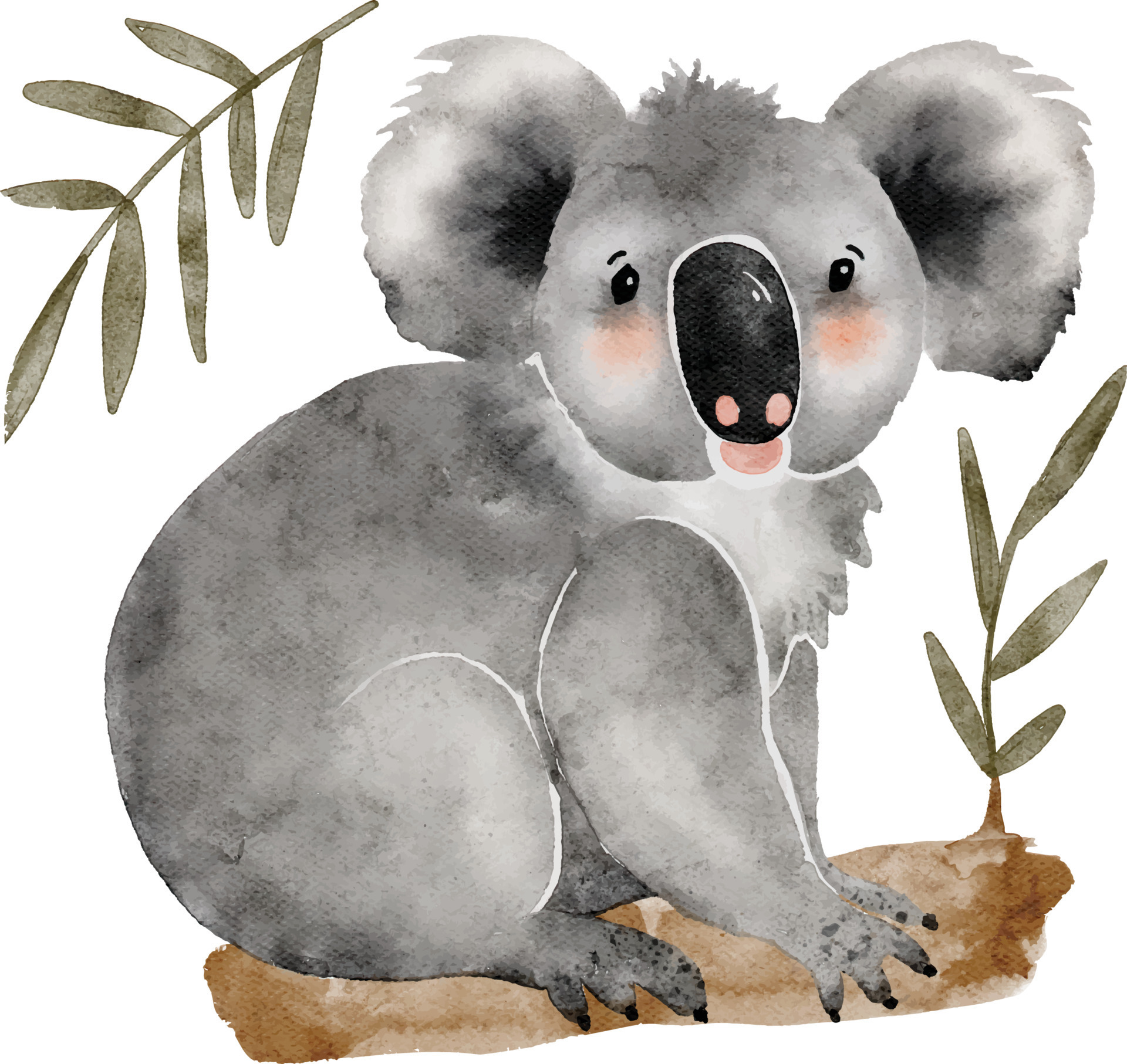 Australian cute cartoon koala animal on the tree, watercolor