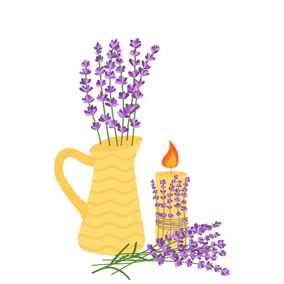 Lavender flowers in a yellow vase with a candle. Vector illustration isolated on white background