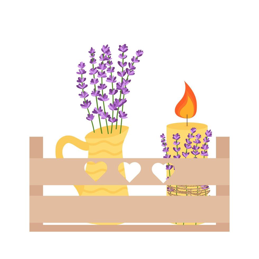 flores de lavanda en una caja de flores de madera.ilustración vectorial aislada en fondo blanco vector