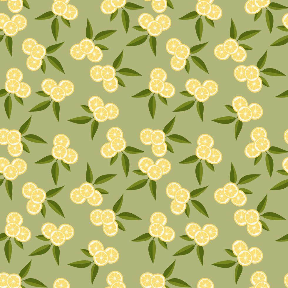 Vector seamless pattern with lemons and leaves. On a green background