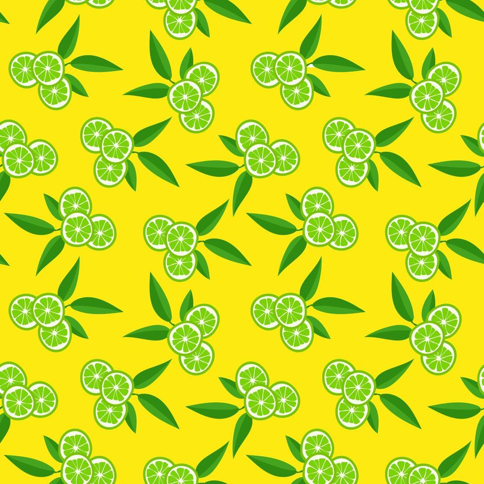 lima con hojas verdes, una rodaja de cítricos sobre un fondo amarillo. patrones tropicales sin fisuras vector