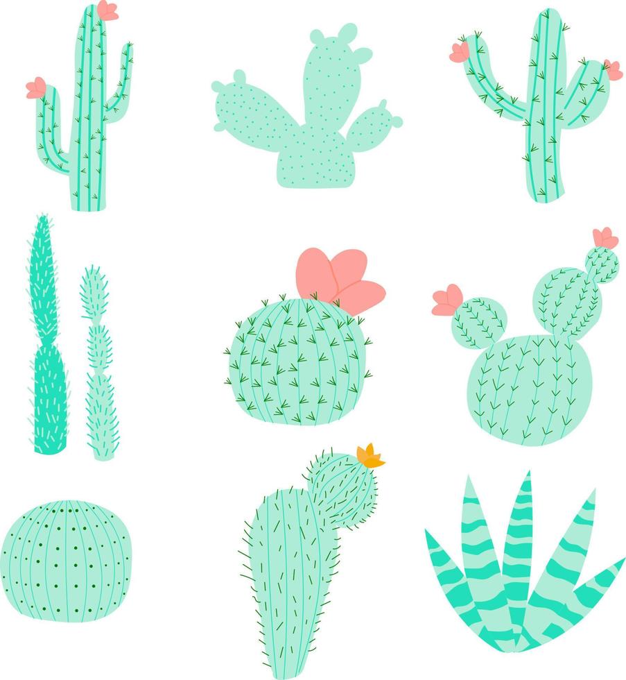 Set of vector illustrations with flat cactus bright colors. Cacti with flowers. Lovely houseplants