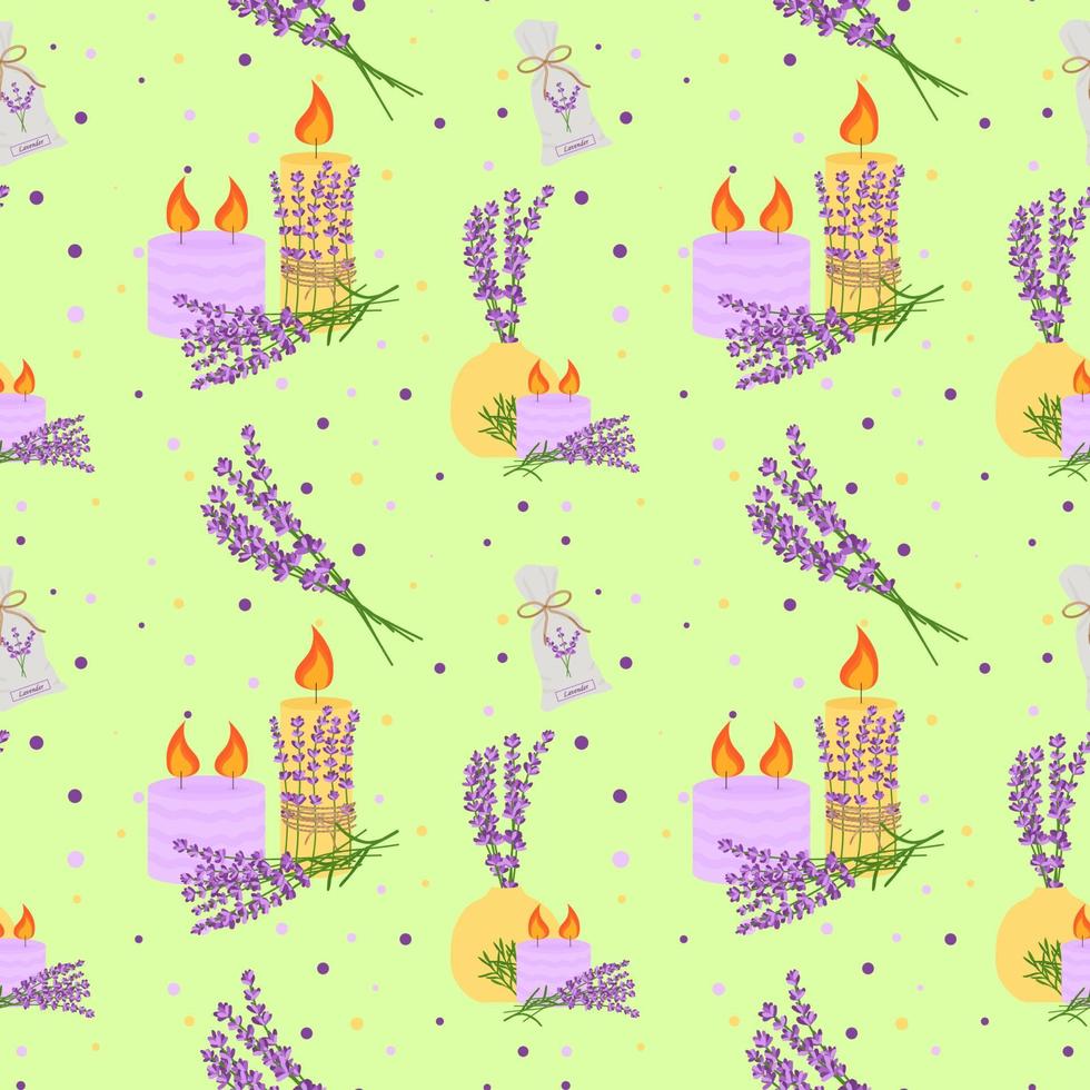 Seamless pattern with lavender flowers, with flowers in a vase, candles. Vector illustration