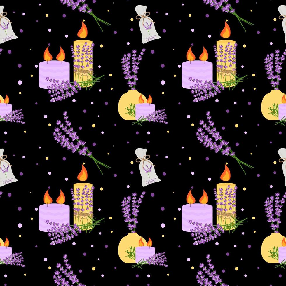 Seamless pattern with lavender flowers, with flowers in a vase, candles. Vector illustration