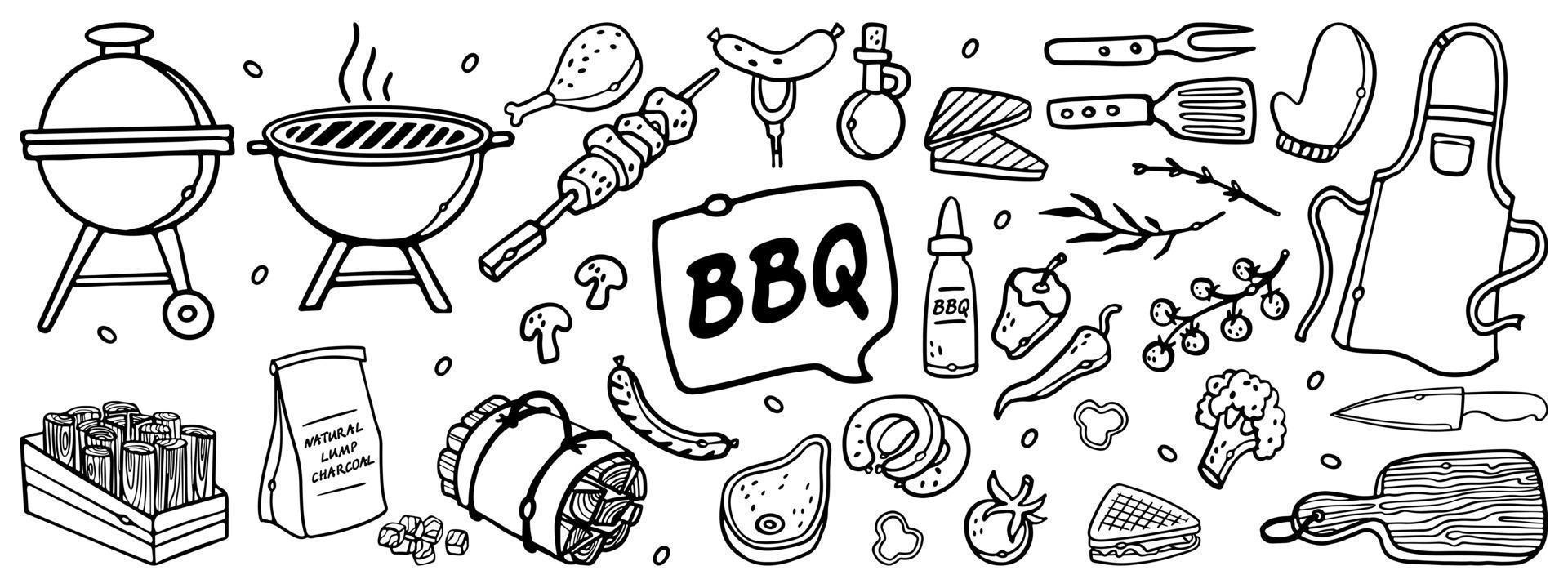 Barbecue grill hand-drawn outline doodle Set. BBQ Vector Illustration Barbecue party Sketch. Barbeque tools charcoal firewood and products