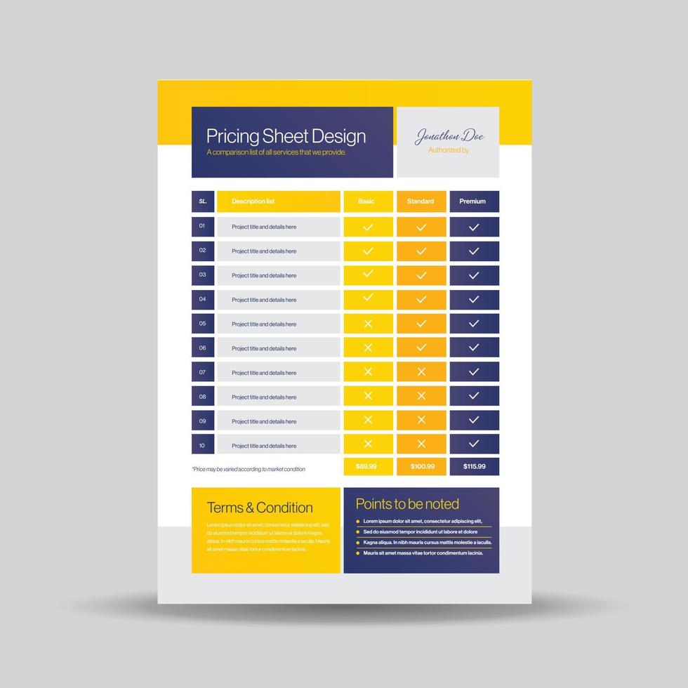 Pricing Sheet Design, Costing Flyer or Pricing table comparison, Invoice Design vector