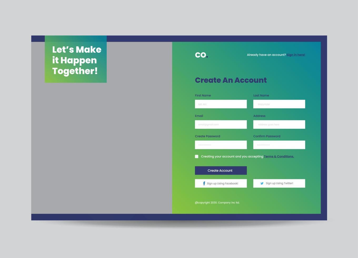 Website Signup Form or Web Registration Form Design or Site Overlay Design vector