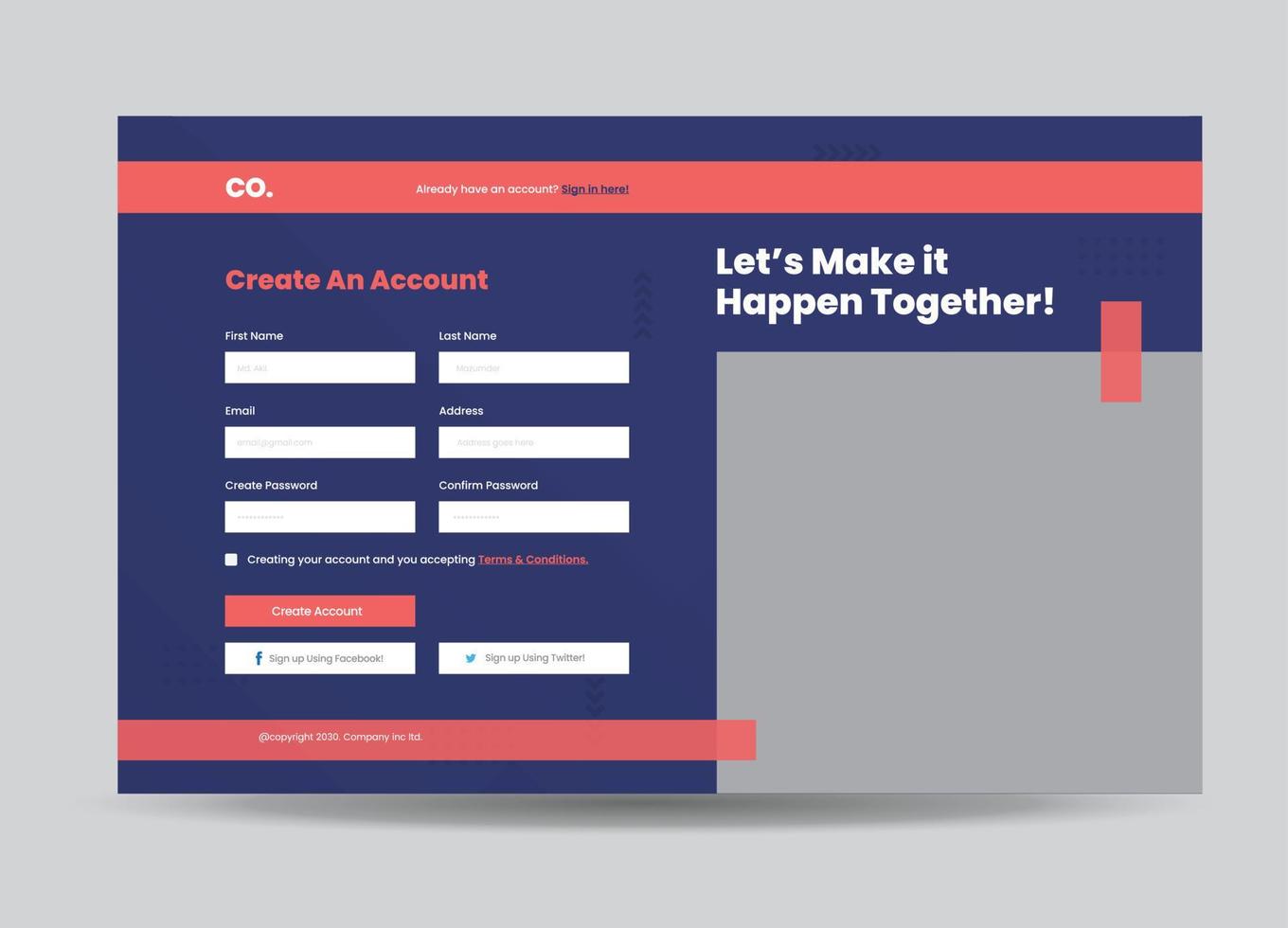 Website Signup Form or Web Registration Form Design or Site Overlay Design vector