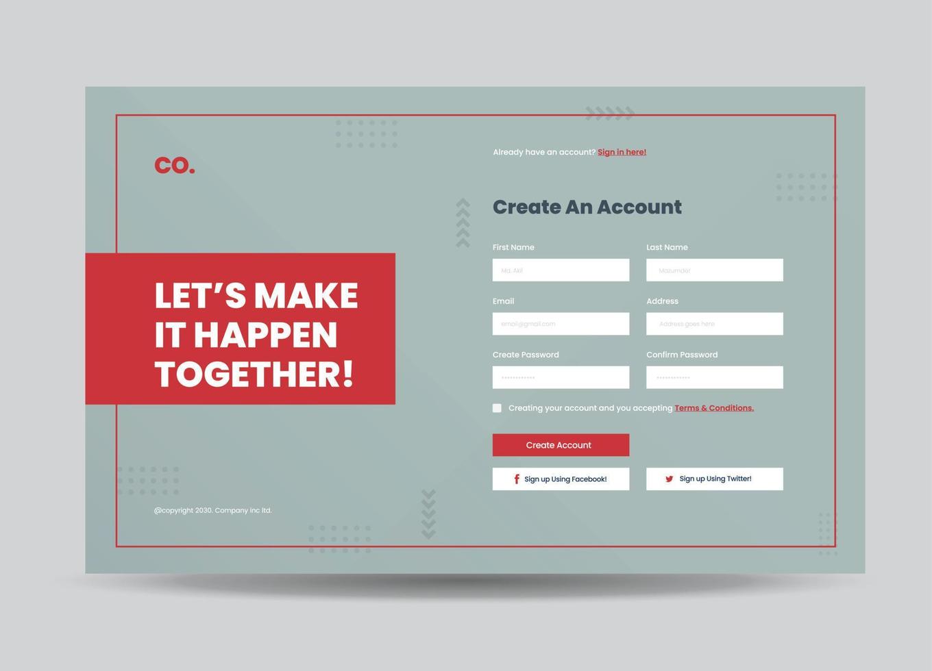 Website Signup Form or Web Registration Form Design or Site Overlay Design vector