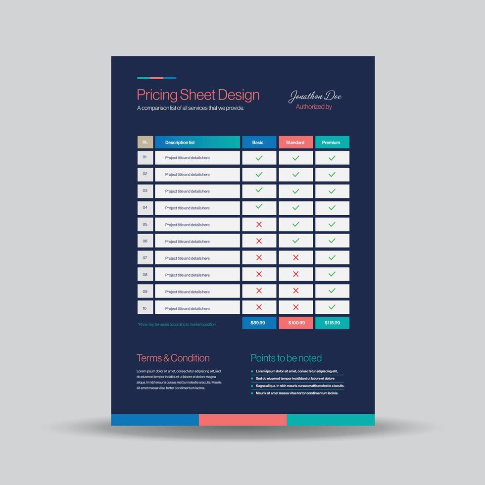 Pricing Sheet Design, Costing Flyer or Pricing table comparison, Invoice Design vector