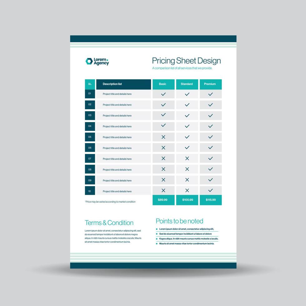 Pricing Sheet Design, Costing Flyer or Pricing table comparison, Invoice Design vector