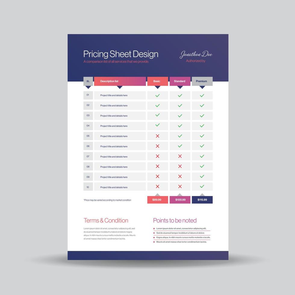 Pricing Sheet Design, Costing Flyer or Pricing table comparison, Invoice Design vector