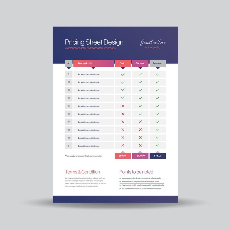 diseño de hojas de precios, volante de costos o comparación de tablas de precios, diseño de facturas vector